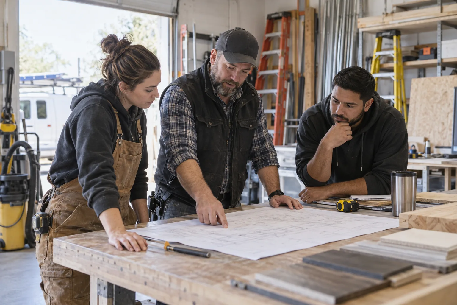 A skilled-trades team reviews a job plan in their workshop.